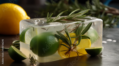AI生成による実在しない透明のオーガニックな石鹸、柔らかな日差し、ライム、ローズマリー、Generative AI