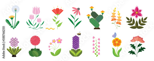 Flower flat icon set isolated on white. Various colorful garden flowers including field flowers, dandelion, taraxacum, dahlia, lilly, cactus, lilac.