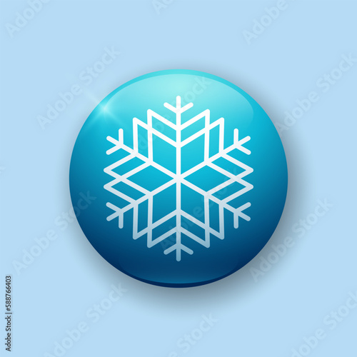 Realistic glossy button with snowflake icon. 3d vector element of blue color with shadow underneath. Best for mobile apps, UI and web design.