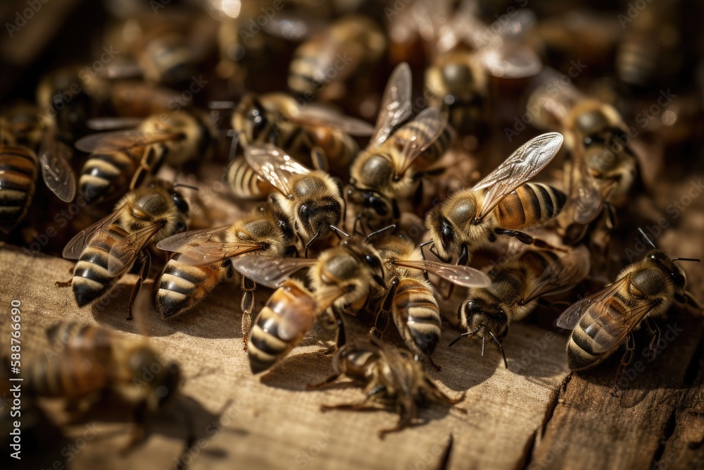 A bee colony is flying around the hive. Generative AI A bee colony is flying around the hive. Generative AI