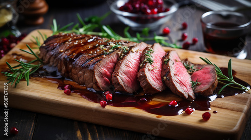 AI生成によるジューシーなステーキ、肉料理、スパイス、ハーブ、フレッシュな野菜、レア、Generative AI