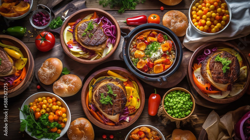AI生成によるジューシーなステーキ、肉料理、スパイス、ハーブ、フレッシュな野菜、レア、Generative AI