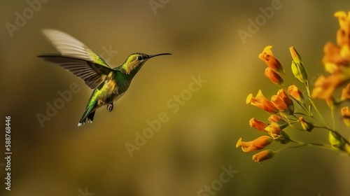 a hummingbird flying through the air while perched on a yellow flower
