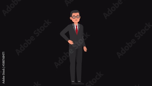 High resolution 2d cartoon male character in business outfit talking on alpha channel background in seamless loop.