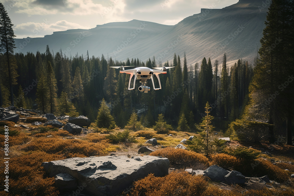 Large drone equipped with specialized sensors. Collecting environmental data and assess the health of remote ecosystem. The drone allows for more efficient data collection and analysis. Generative AI - obrazy, fototapety, plakaty 