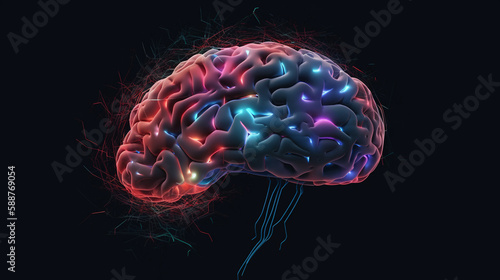 an illustration of the brain in neon colors and bursts of neural connections, generated by AI