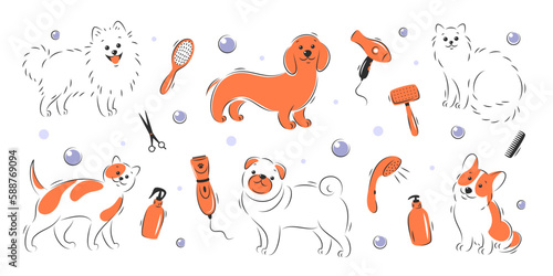 Pet grooming salon. Dog and cat beauty grooming salon, haircuts, bathing, care hair of pet. Vector illustration.