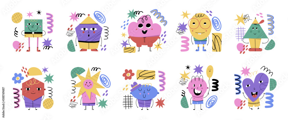 Abstract geometric characters. Basic figures with cute faces, legs and hands, funny graphic mascot. Modern childish creatures. Poster or banner isolated objects. Vector cartoon doodle illustration