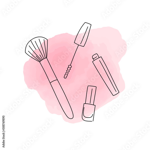 Beauty salon logo. Makeup or hairdressing studio, eyelash extension logotype. Different equipment, line elements, watercolor drops. Various cosmetics badge. Vector isolated emblem set