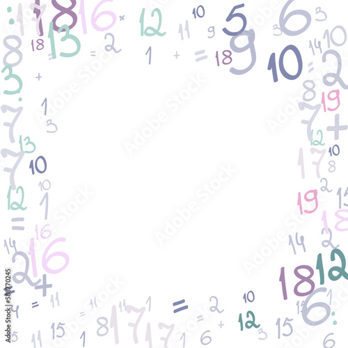 Square pattern of handwritten numbers from zero to nine. Mathematical background of randomly placed different numbers. Vector illustration school template for nursery, kids playroom and classroom