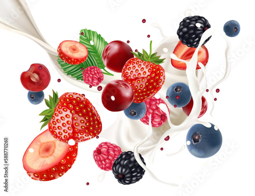 Mix berries fruit with Milk splashing of Tropical fruits isolated on white background. Vector in 3D illustrations.