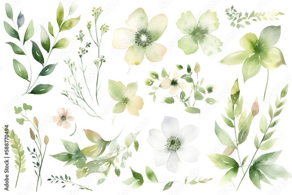 Obraz premium White and Green Flowers and Plants Set, Watercolor Illustration: AI Generated Image