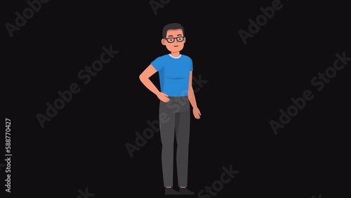 High resolution 2d cartoon male character in t-shirt outfit talking on alpha channel background in seamless loop.