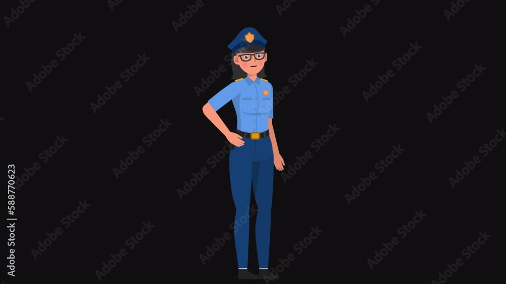 High resolution 2d cartoon female character in police outfit talking on alpha channel background in seamless loop. High resolution 2d cartoon female character in police outfit talking on alpha channel background in seamless loop.