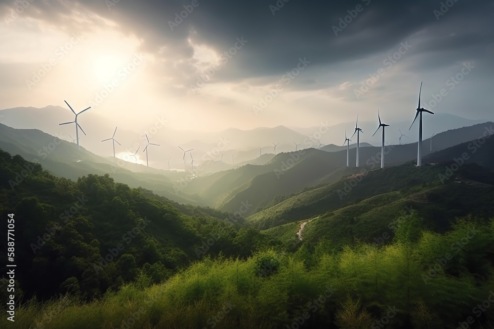 A wind turbine farm generating renewable green energy in a picturesque natural environment, contributing to sustainable development and eco friendly industries. Generative AI A wind turbine farm generating renewable green energy in a picturesque natural environment, contributing to sustainable development and eco friendly industries. Generative AI