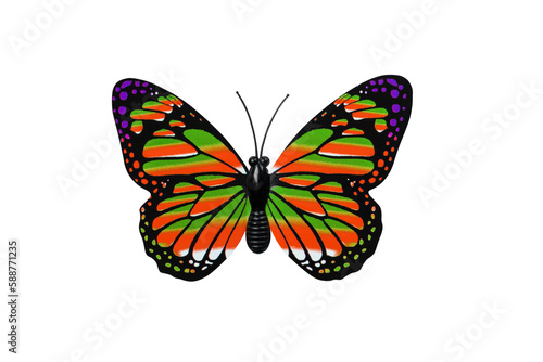 Multi colored butterfly isolated on transparent background top view. Red and green butterfly with purple spots as an element for design.