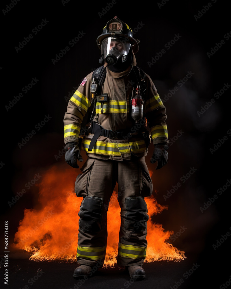 Fototapeta premium full body Firefighter portrait with gas mask on , Generative AI Illustration