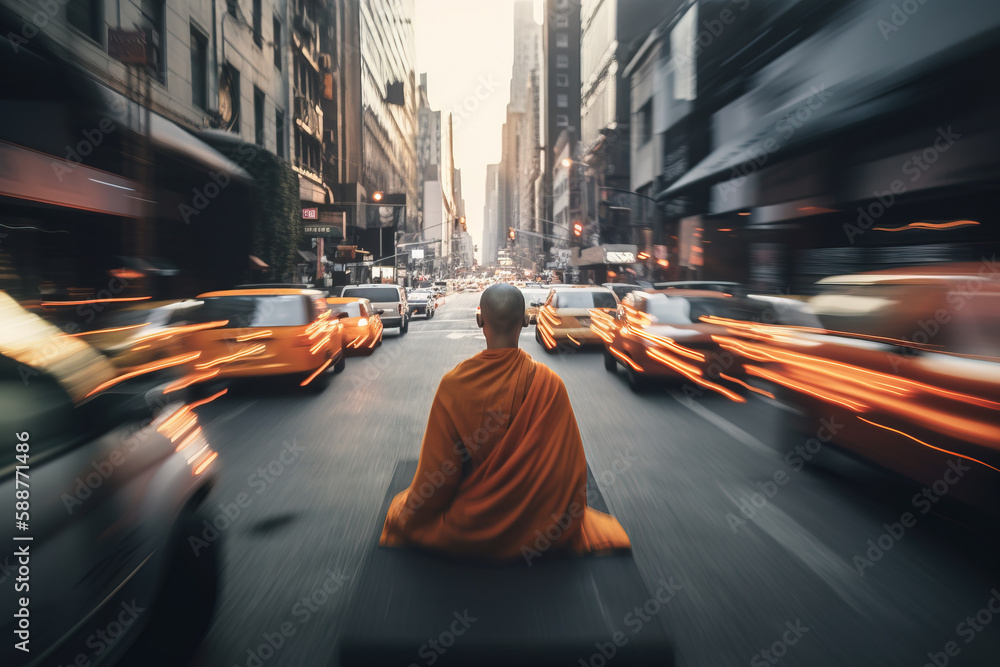 enlightenment concept with Buddhist monk meditating on busy street, Generative AI illustration - obrazy, fototapety, plakaty 
