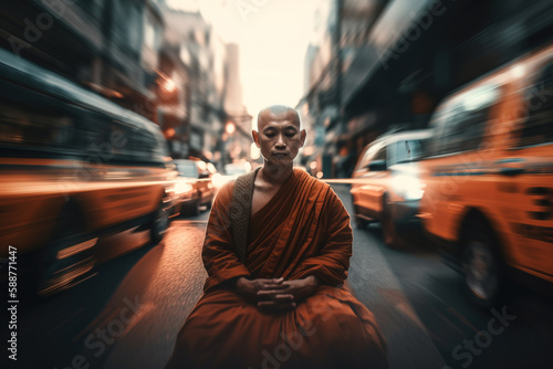 detachment and disconnect  concept with Buddhist monk meditating on bussy street, Generative AI illustration
