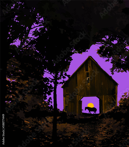 In an opening in the woods is seen an old wooden barn with a horse inside silhouetted against a glowing sunset sky in this 3-d vector illustration.