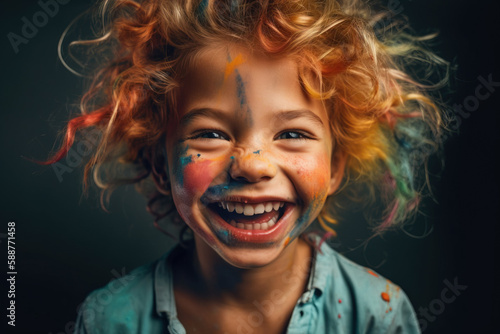Beautiful young boy covered in colorful paint has a great smile, Generative AI Illustration
