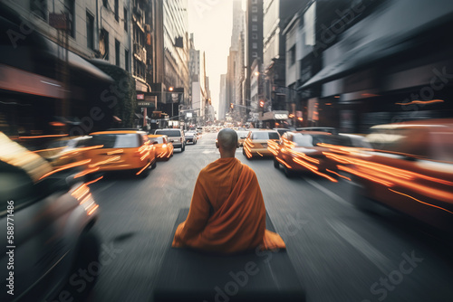 Fényképezés enlightenment concept with Buddhist monk meditating on busy street, Generative A