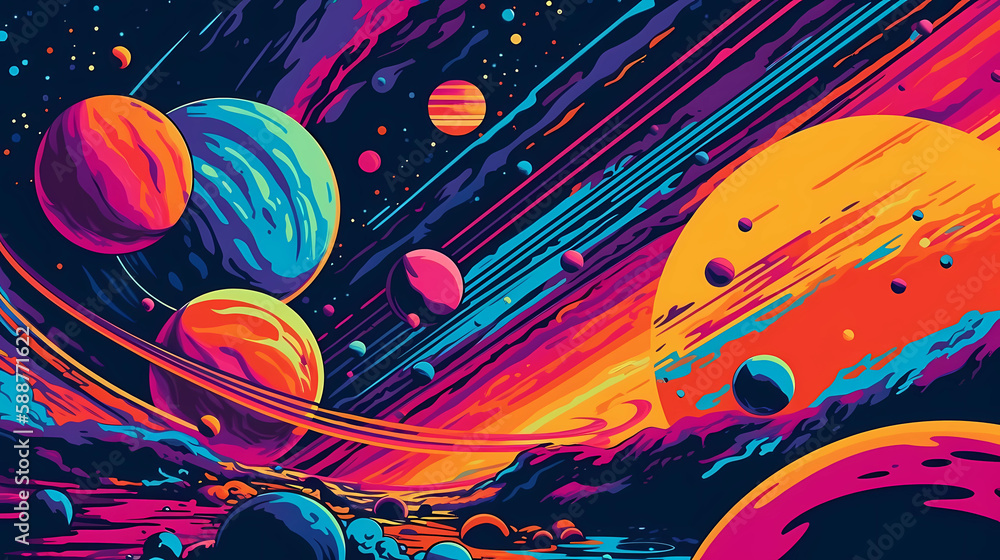 Planets and asteroids, pop art style. digital art illustration. generative AI Planets and asteroids, pop art style. digital art illustration. generative AI