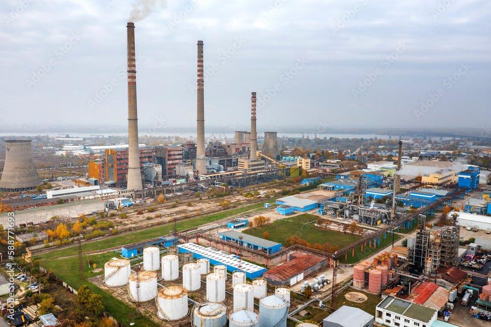Fototapeta premium Aerial View Of Large Chimneys From The Coal Power Plant