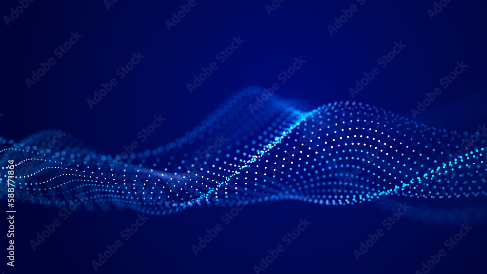 Fototapeta premium Futuristic wave of dots with moving particles. Abstract technology background. 3D visualization of big data. 3D rendering.
