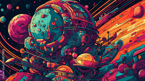 pop art of a space station. digital art illustration. generative AI