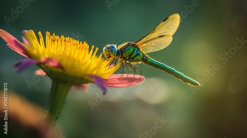  a close up of a green dragon fly on a flower photo