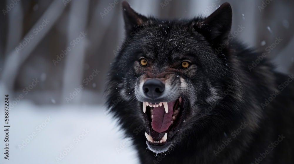 Wild and Fierce: Close-Up Portrait of a Snow-Covered Black Wolf Howling in Anger in the Arctic Wilderness, snowy soft blur on background copy space camping dangerous Wild and Fierce: Close-Up Portrait of a Snow-Covered Black Wolf Howling in Anger in the Arctic Wilderness, snowy soft blur on background copy space camping dangerous