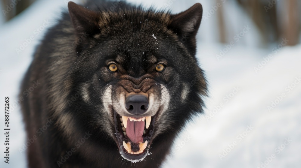 Wild and Fierce: Close Up Portrait of a Snow Covered Black Wolf Howling Wild and Fierce: Close Up Portrait of a Snow Covered Black Wolf Howling
