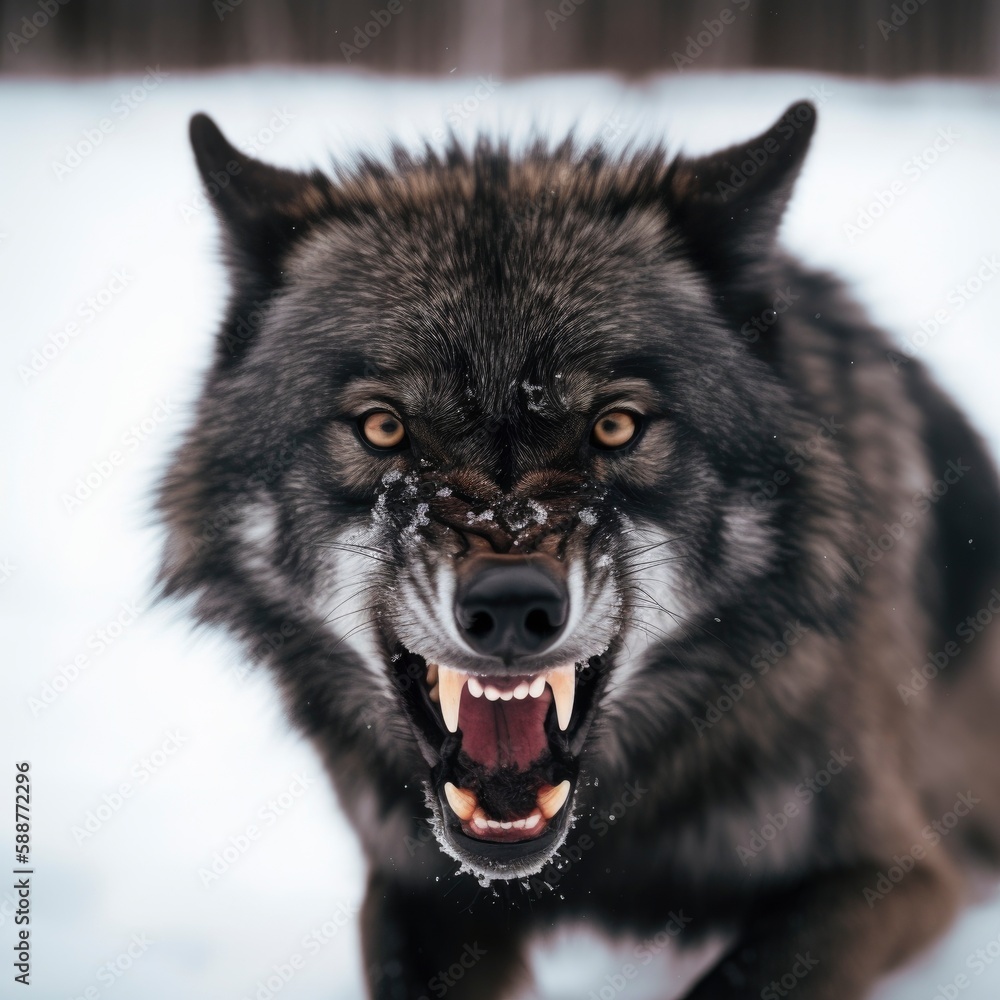 Wild and Fierce: Close-Up Portrait of a Snow-Covered Black Wolf Howling in Anger in the Arctic Wilderness, snowy soft blur on background copy space camping dangerous, generative ai Wild and Fierce: Close-Up Portrait of a Snow-Covered Black Wolf Howling in Anger in the Arctic Wilderness, snowy soft blur on background copy space camping dangerous, generative ai