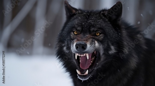 Wild and Fierce: Close-Up Portrait of a Snow-Covered Black Wolf Howling in Anger in the Arctic Wilderness, snowy soft blur on background copy space camping dangerous