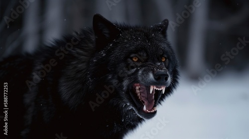 Wild and Fierce: Close-Up Portrait of a Snow-Covered Black Wolf Howling in Anger in the Arctic Wilderness, snowy soft blur on background copy space camping dangerous