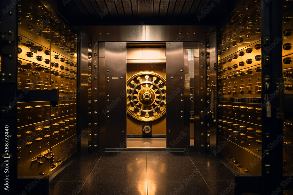 Bank vault door. Safe deposit boxes room in bank vault. Inside in Bank vault room with Dollars and euro money. Store Gold in storage. Federal Reserve Bank, Ai Generative illustration. - obrazy, fototapety, plakaty 