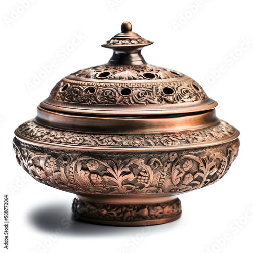 traditional copper incense burner with intricate designs. generative AI