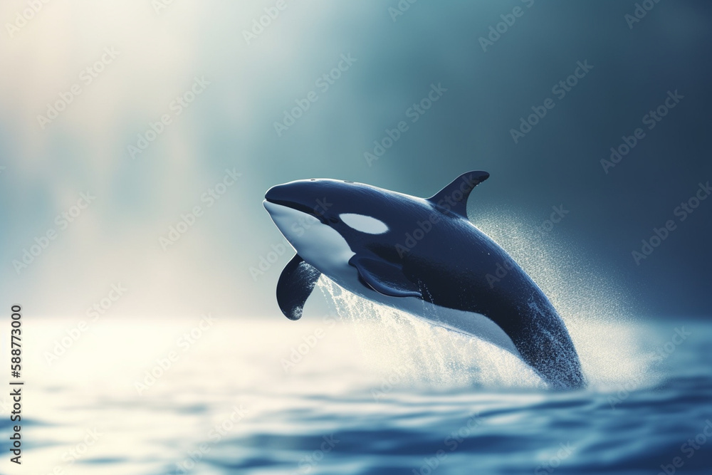 Fototapeta premium Leaping Orca: Majestic Killer Whale in Full Flight
