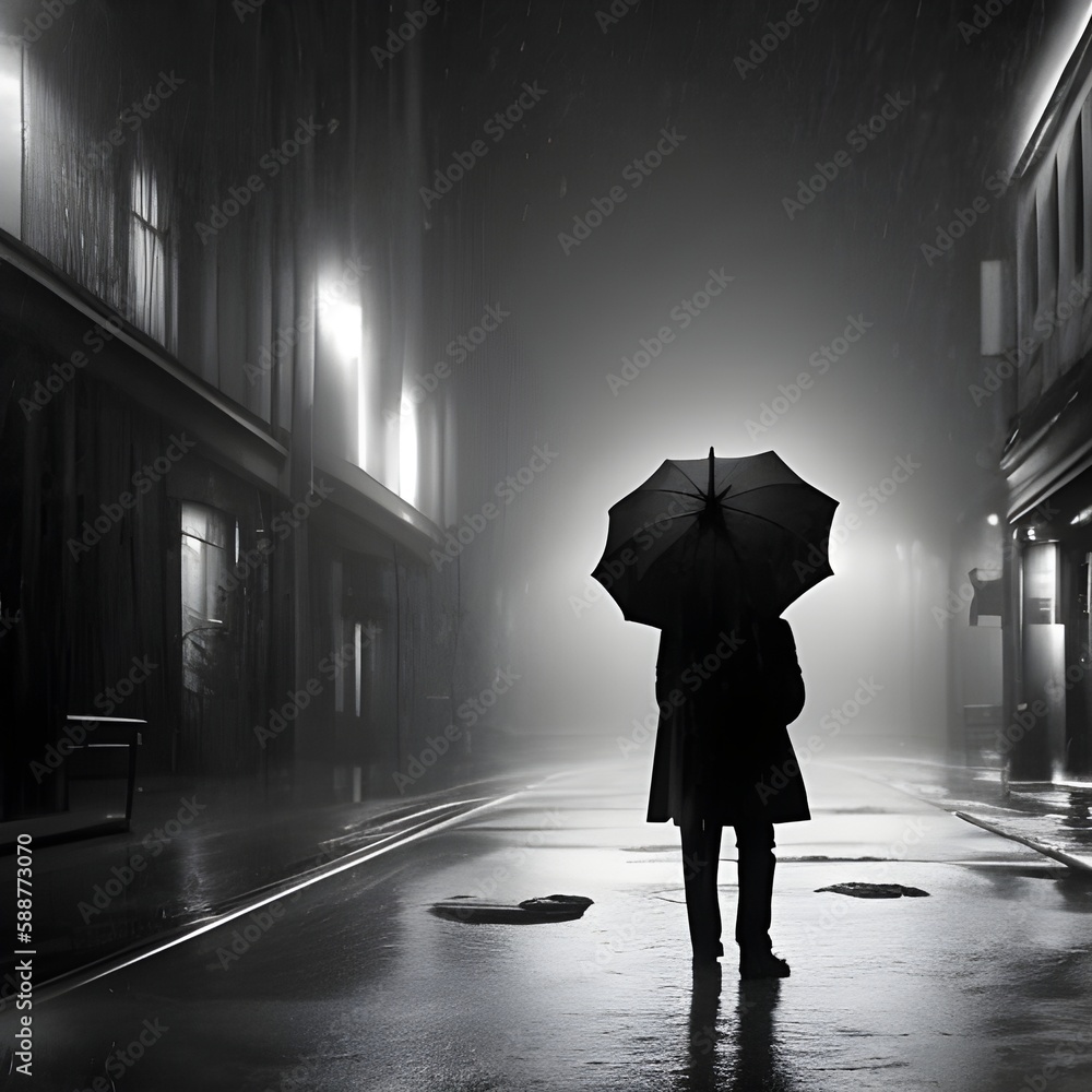 Mężczyzna idący w deszczowy wieczór ulicą. Wygenerowane przez AI. - obrazy, fototapety, plakaty 