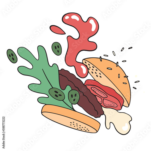Illustration of a weightless burger with flying sauce, cutlet, cucumbers and sesame