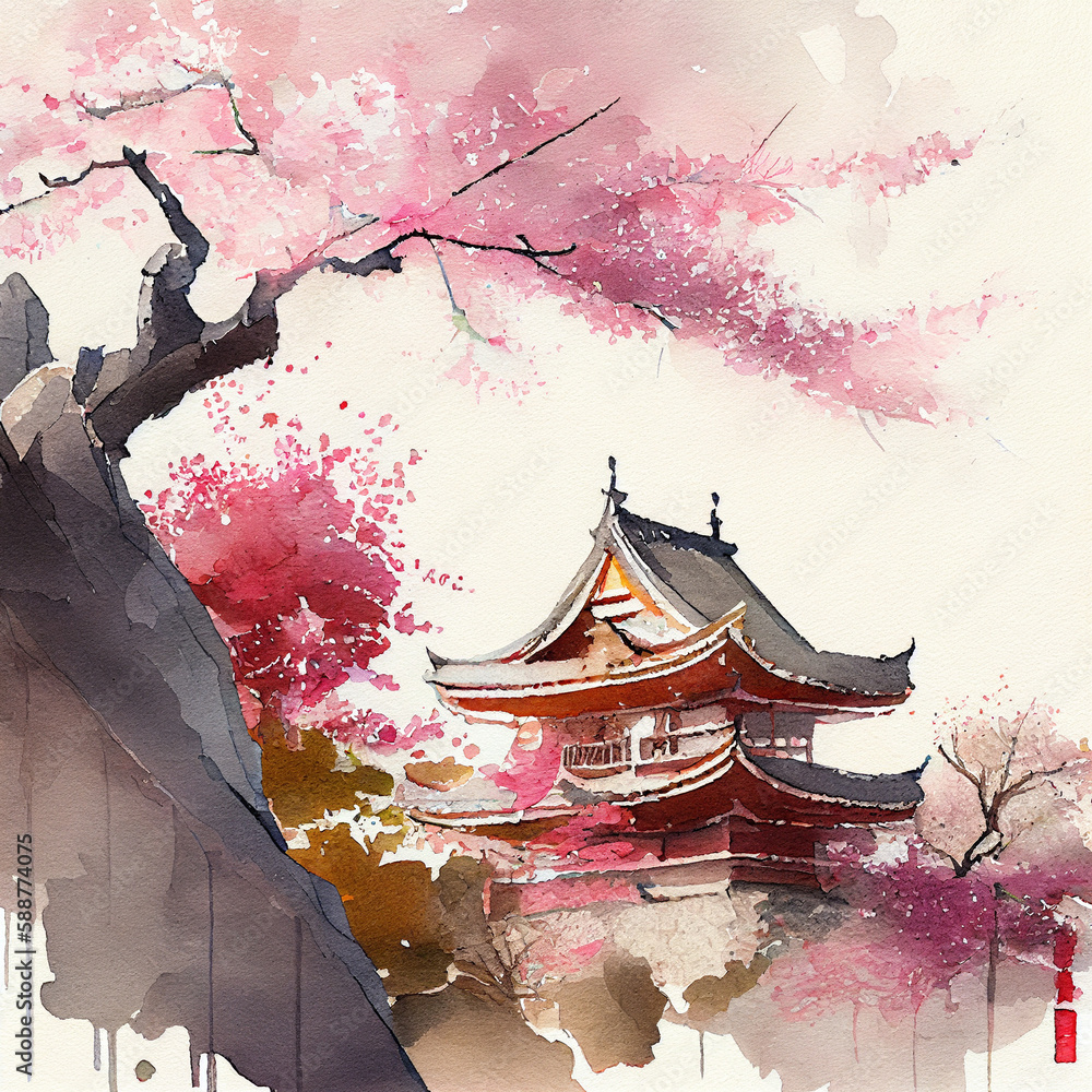Cherry blossom Japan watercolor art, AI generative - obrazy, fototapety, plakaty 