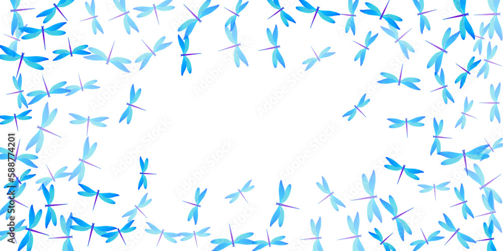 Obraz premium Exotic cyan blue dragonfly cartoon vector wallpaper. Spring little insects. Decorative dragonfly cartoon girly illustration. Tender wings damselflies patten. Tropical creatures