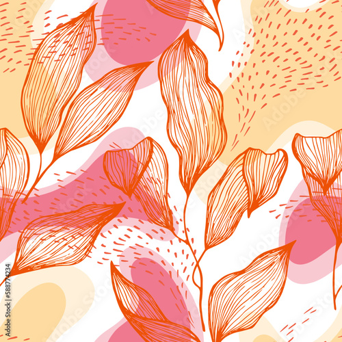 Sketch style doodle line texture leaves over stains and dots seamless vector ...