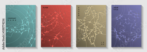 Premium dj party posters. Intersecting waves geometry backdrops. Openwork cover vector templates. Electronic music party posters set fluid wavy graphic design.