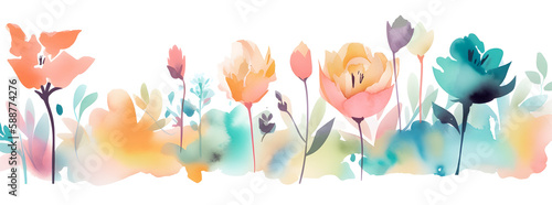 Abstract art. Colorful painting art of a spring flower meadow. Floral watercolor background. Generative AI. © PhotoGranary