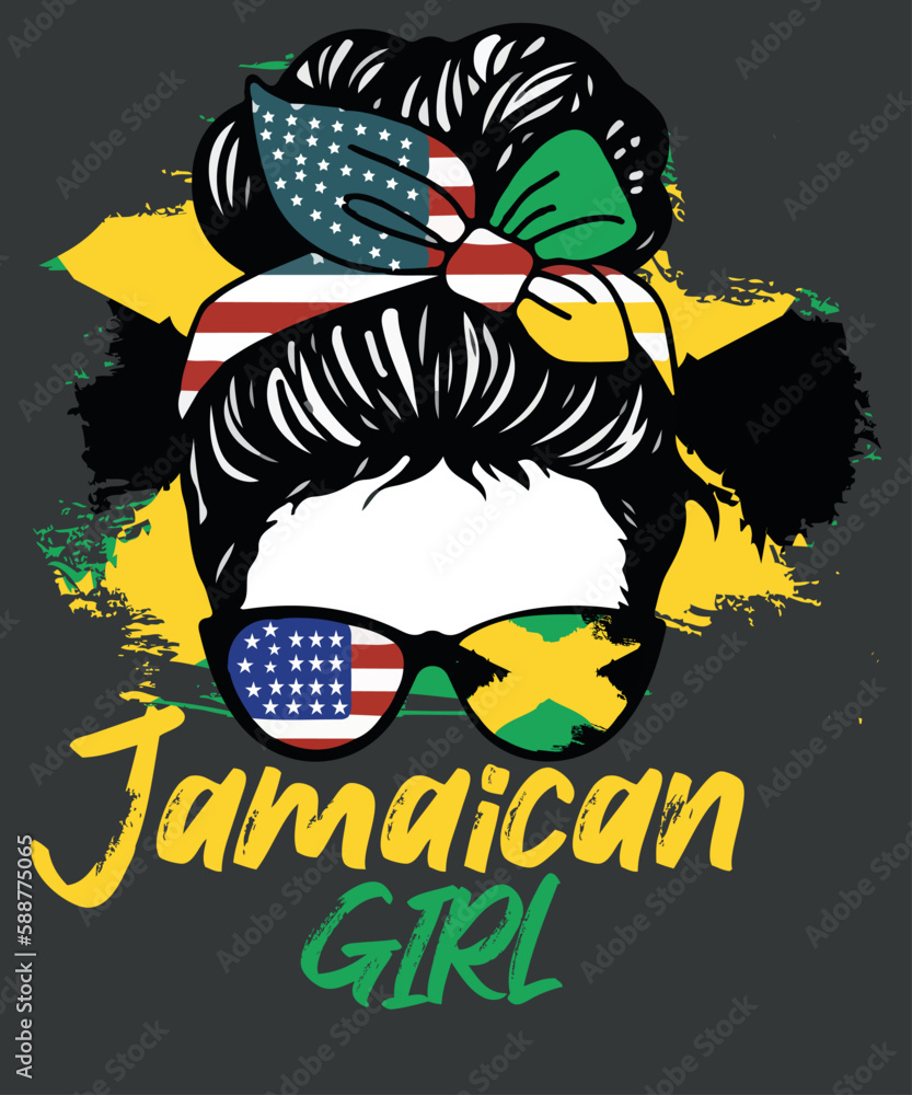 Jamaican Girl messy bun, american flag and jamaican flag, cool sunglass