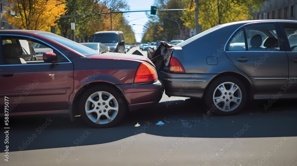 Auto accident involving two cars on a city street - Generative AI Auto accident involving two cars on a city street - Generative AI