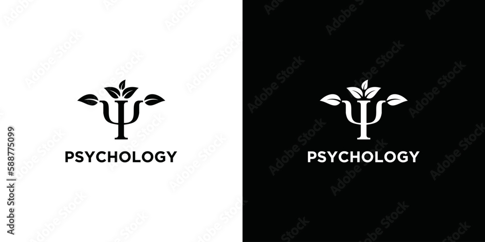 Psi green Greek letter with leaves. Neuropsychology and psychology logo isolated on black and white. Psychotherapy concept - obrazy, fototapety, plakaty 
