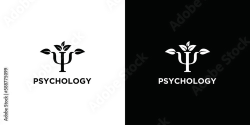 Psi green Greek letter with leaves. Neuropsychology and psychology logo isolated on black and white. Psychotherapy concept
